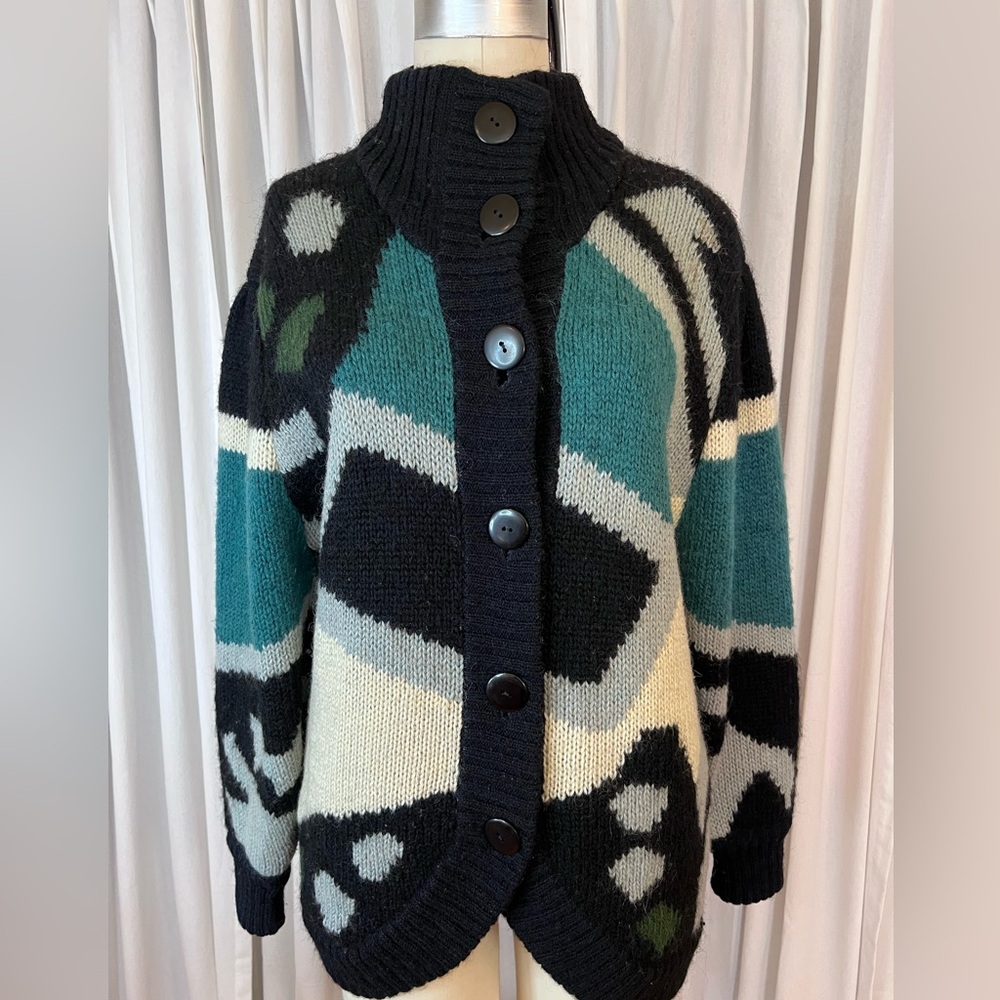 Vintage 80’s SKJV Wool Blend Stylish Graphic Print Black & Teal Women's Sweater